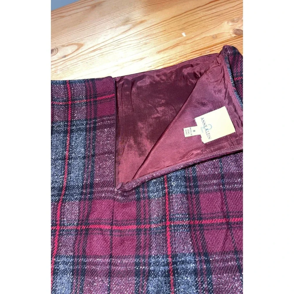ANNE KLEIN Burgundy/Black/Gray Plaid Short Pencil Skirt Silk Blend  Womens 8 - Picture 5 of 9